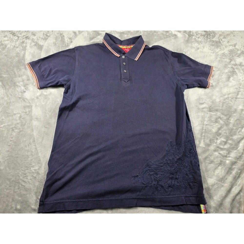 Robert Graham Polo Shirt Men's Medium Navy Blue Side Embroidered Paisley Design